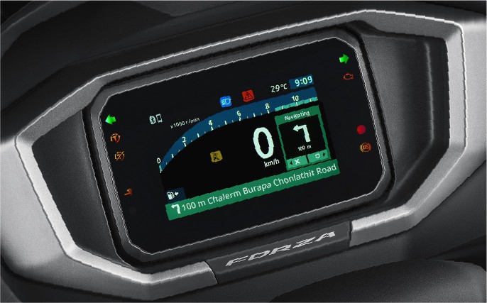 จอ TFT สี 5 นิ้วใหม่ของ Honda Forza 350 2026 เชื่อมต่อ Honda RoadSync นำทาง โทร เพลง