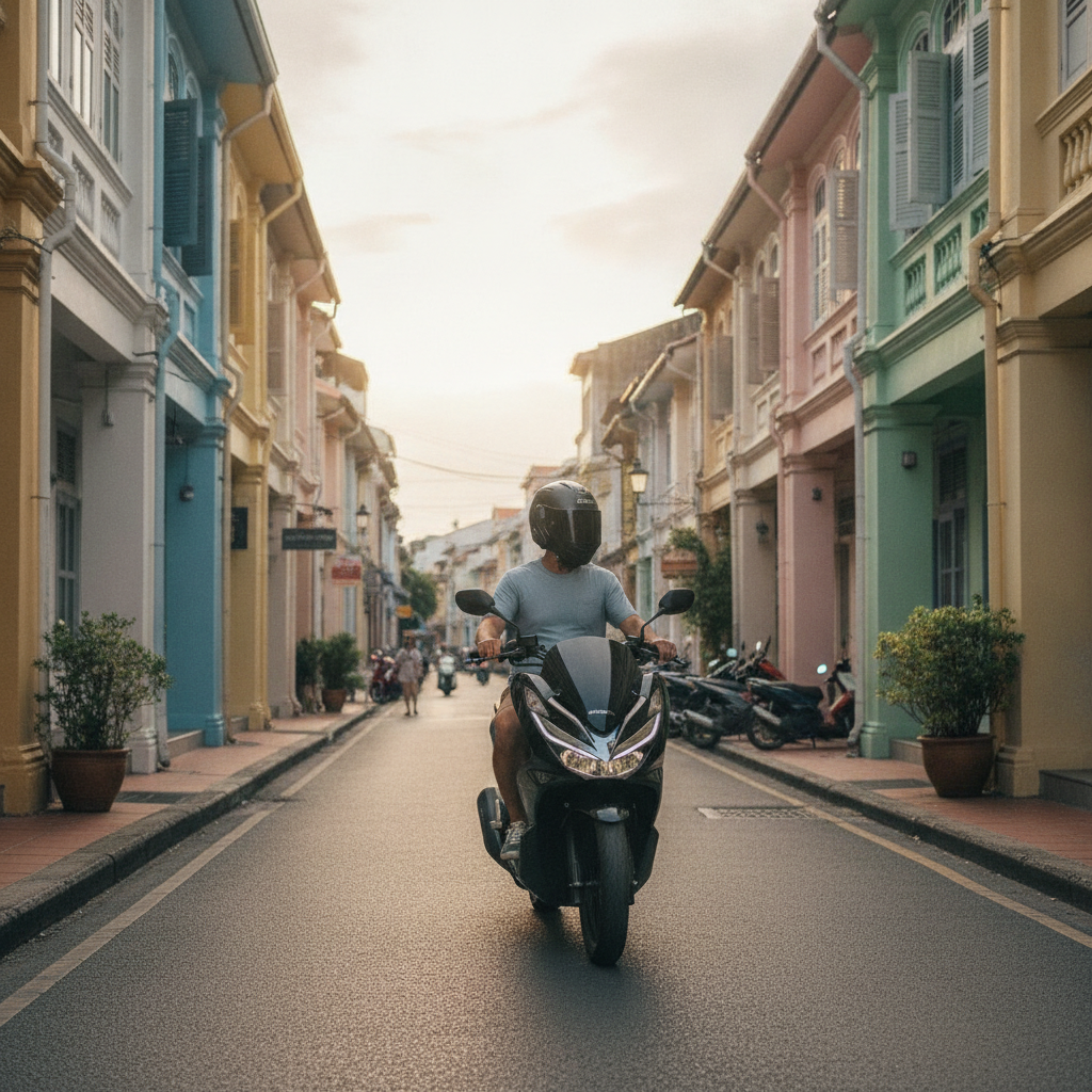 Honda PCX 160 สีดำขับผ่านถนนในภูเก็ตทาวน์ สถาปัตยกรรมชิโน-โปรตุกีสสีพาสเทล