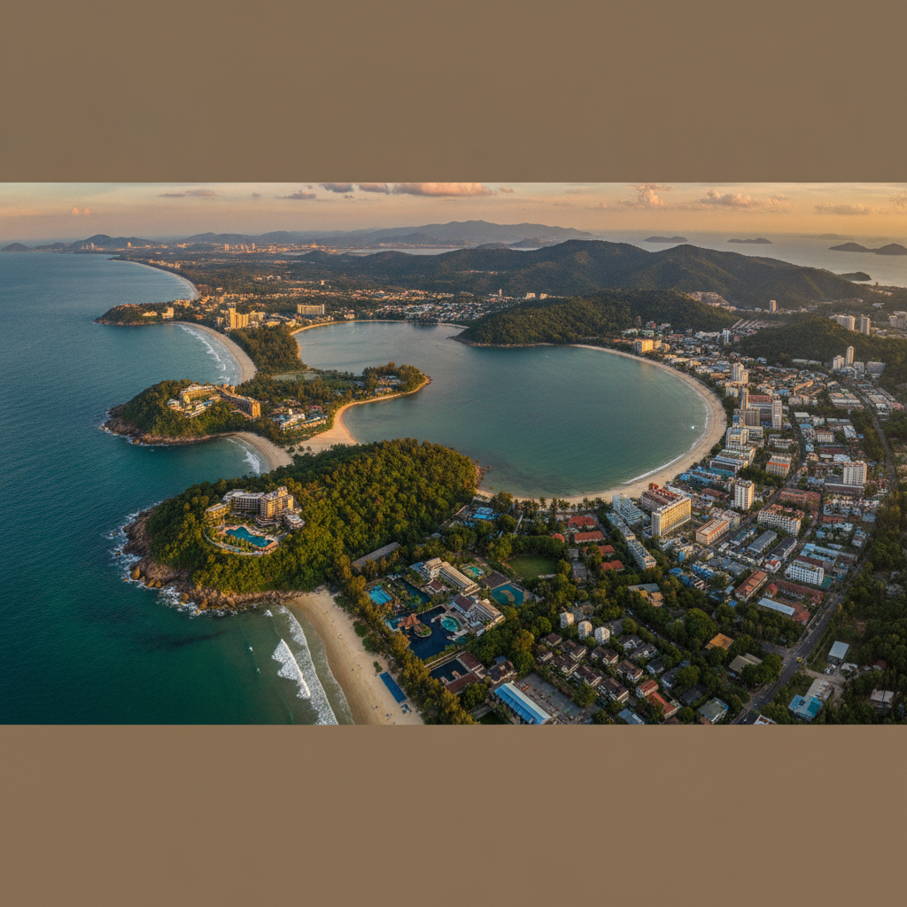 วิวทางอากาศชายหาดฝั่งตะวันตกของภูเก็ต ครอบคลุมบางเทา สุรินทร์ กมลา และป่าตอง