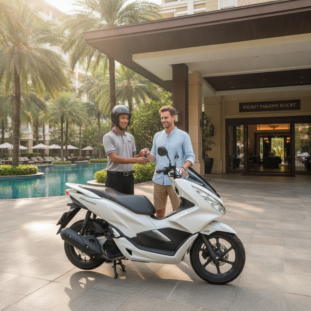 พนักงานช้างไทยรถเช่าในชุดยูนิฟอร์มส่ง Honda PCX 160 ถึงหน้าโรงแรมรีสอร์ทในภูเก็ต ลูกค้ารับกุญแจที่ล็อบบี้