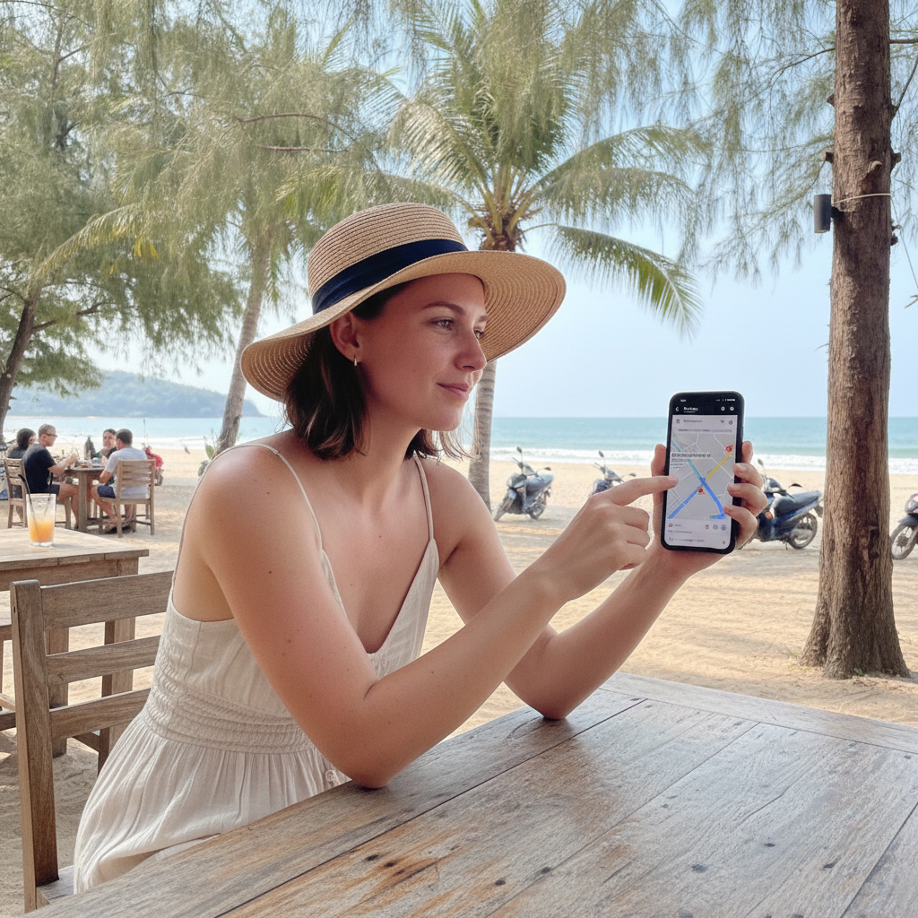 นักท่องเที่ยวในภูเก็ตใช้ Google Maps บนมือถือค้นหาร้านเช่ามอเตอร์ไซค์ใกล้ที่พัก